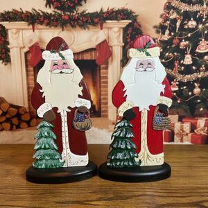 Vtg Handpainted Wooden Santas w Xmas Trees 10.25in Tall 5.5in Base Holiday Decor